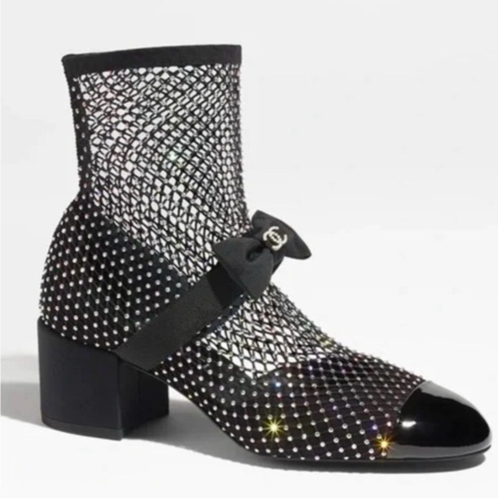 CHANEL MESH RHINESTONE BOOTS -Authentic